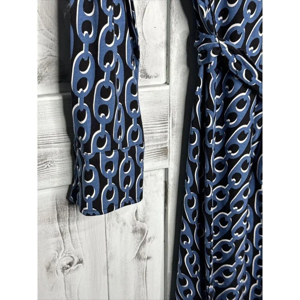 Boden Laura Shirt Dress 4P Petite Tencel Jersey Azure Blue Geo Chain Midi Belted - Picture 5 of 13